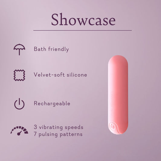 Showcase Features:
Bath friendly
Velvet-soft silicone
Rechargeable
3 vibrating speeds
7 pulsing patterns