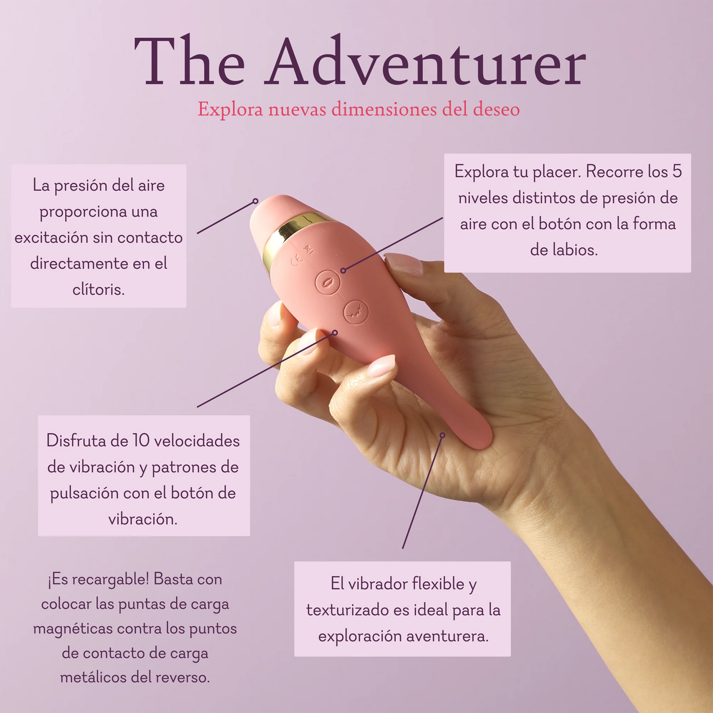 The Adventurer. Explore new dimensions of desire. Air pressure provides contactless, toe curling, excitement directly to the clitoris. Explore your pleasure. Cycle through the 5 varying levels of air pressure using the lips button. Enjoy 10 vibrating speeds and pulsing patterns using the vibration button. Flexible, textured tickler is great for adventurous exploration.