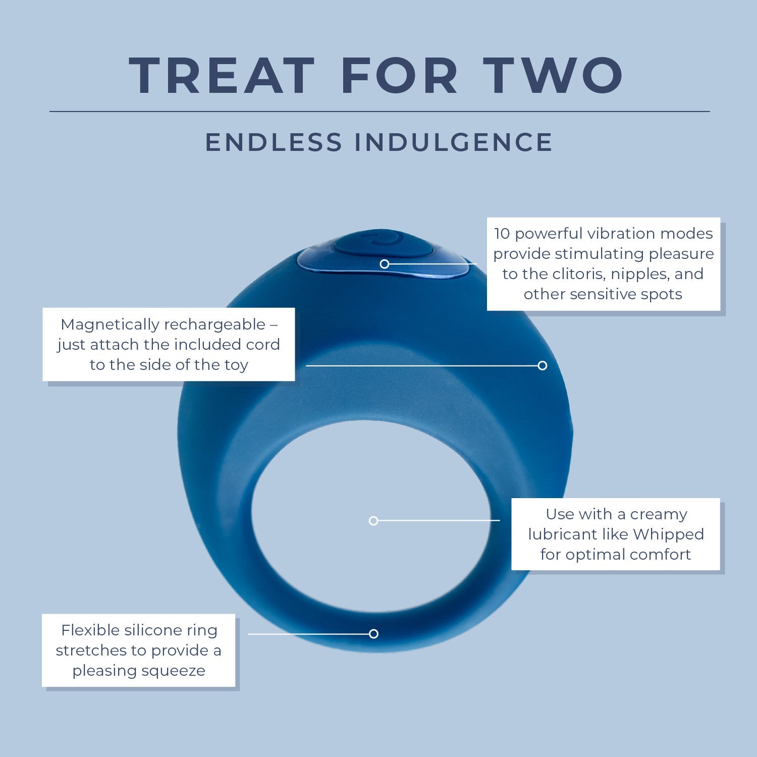 Treat For Two Infographic 2: endless indulgence
10 powerful vibration modes provide stimulating pleasure to the clitoris, nipples, and other sensitive spots
Use with a creamy lubricant like Whipped for optimal comfort
Flexible silicone ring stretches to provide a pleasing squeeze
Magnetically rechargeable - just attach the included cord to the side of the toy