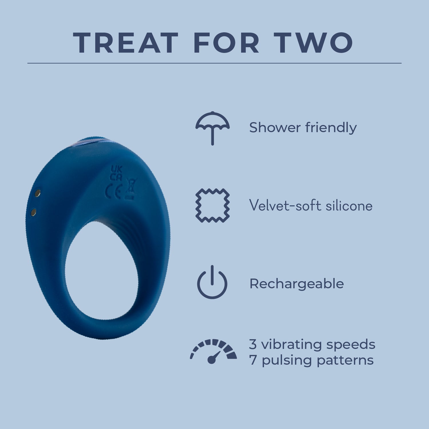 Treat For Two Infographic:
Shower friendly
Velvet-soft silicone
Rechargeable 
3 vibrating speeds
7 pulsing patterns