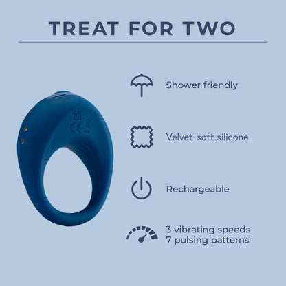 Treat For Two Infographic:
Shower friendly
Velvet-soft silicone
Rechargeable 
3 vibrating speeds
7 pulsing patterns