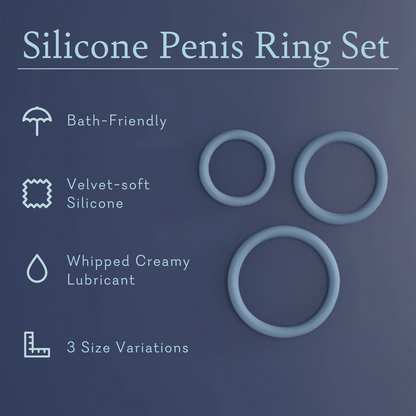 Silicone Penis Ring Set. Bath friendly, velvet soft silicone, whipped creamy lubricant, 3 size variations. 
