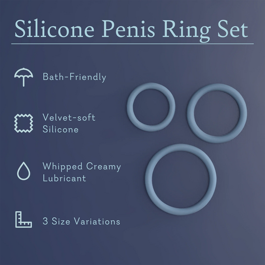 Silicone Penis Ring Set. Bath friendly, velvet soft silicone, whipped creamy lubricant, 3 size variations. 
