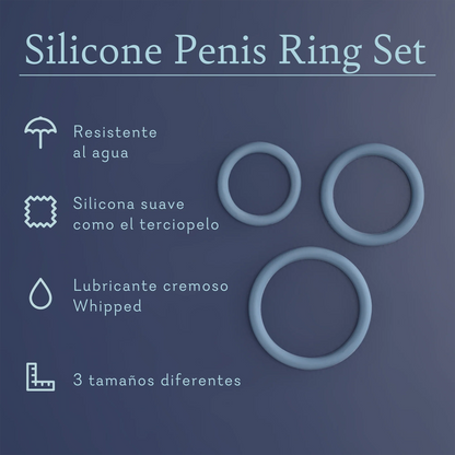 Silicone Penis Ring Set. Bath friendly, velvet soft silicone, whipped creamy lubricant, 3 size variations. 