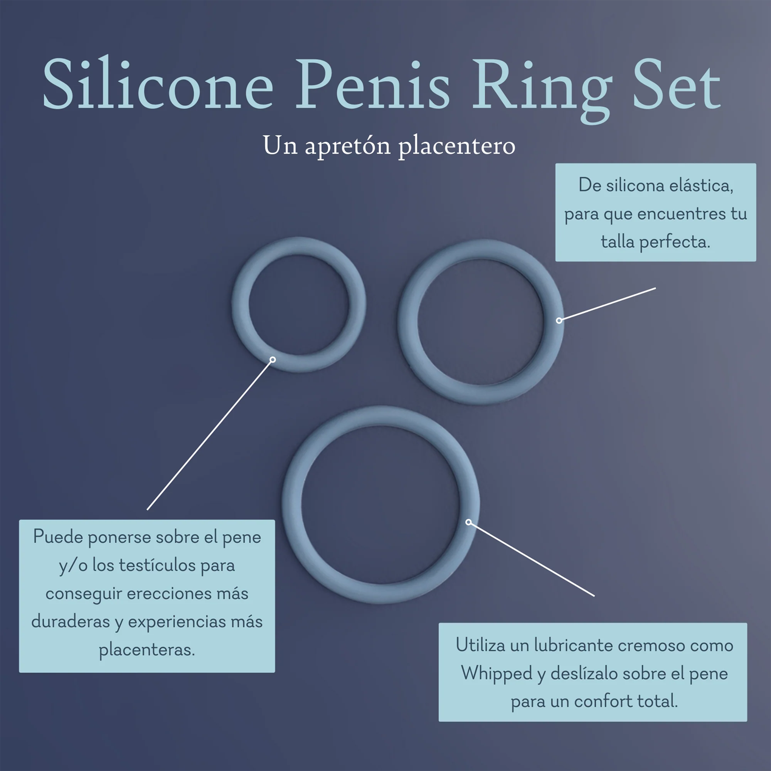 Silicone Penis Ring Set A Pleasing Squeeze. Made of stretchy silicone, so you can find your perfect. Can be worn over the penis and/ or testicles for longer lasting erections and more pleasurable. Use a creamy lubricant like whipped and slide onto the penis for total comfort. 