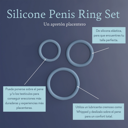 Silicone Penis Ring Set A Pleasing Squeeze. Made of stretchy silicone, so you can find your perfect. Can be worn over the penis and/ or testicles for longer lasting erections and more pleasurable. Use a creamy lubricant like whipped and slide onto the penis for total comfort. 