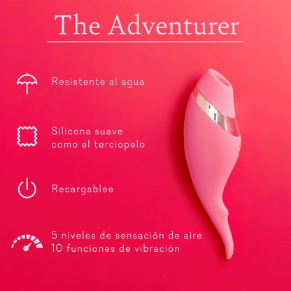 The Adventurer. Shower friendly, velvet soft silicone, rechargeable, 5 air sensation levels 10 vibrating functions. 