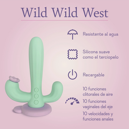 Wild Wild West. Shower friendly, velvet soft silicone, rechargeable, 10 clitoral air functions 10 vaginal shaft functions 10 anal functions. 