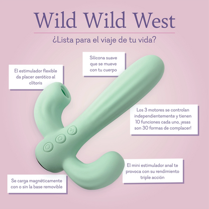 Wild Wild West Ready for the ride of your life? Soft silicone shaft moves with your body. Flexible teaser provides airotic pleasure to the clitoris. All 3 motors are independently controlled and feature 10 functions each thats 30 ways to please! Mini anal stimulator teases for triple action performance. Magnetically charges with or without the removable base. 